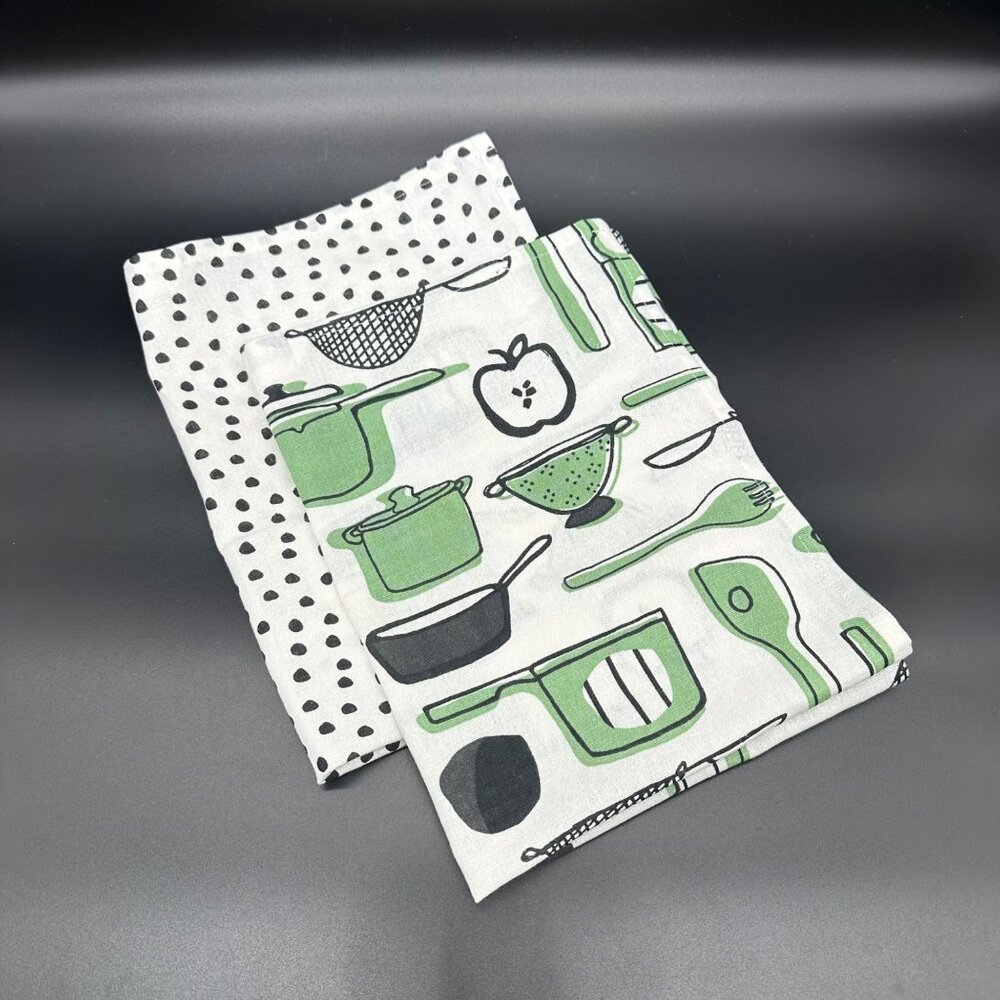 Kitschy Kitchen Dish Towels Green Black White Hanging Loop IKEA Rinnig Cotton